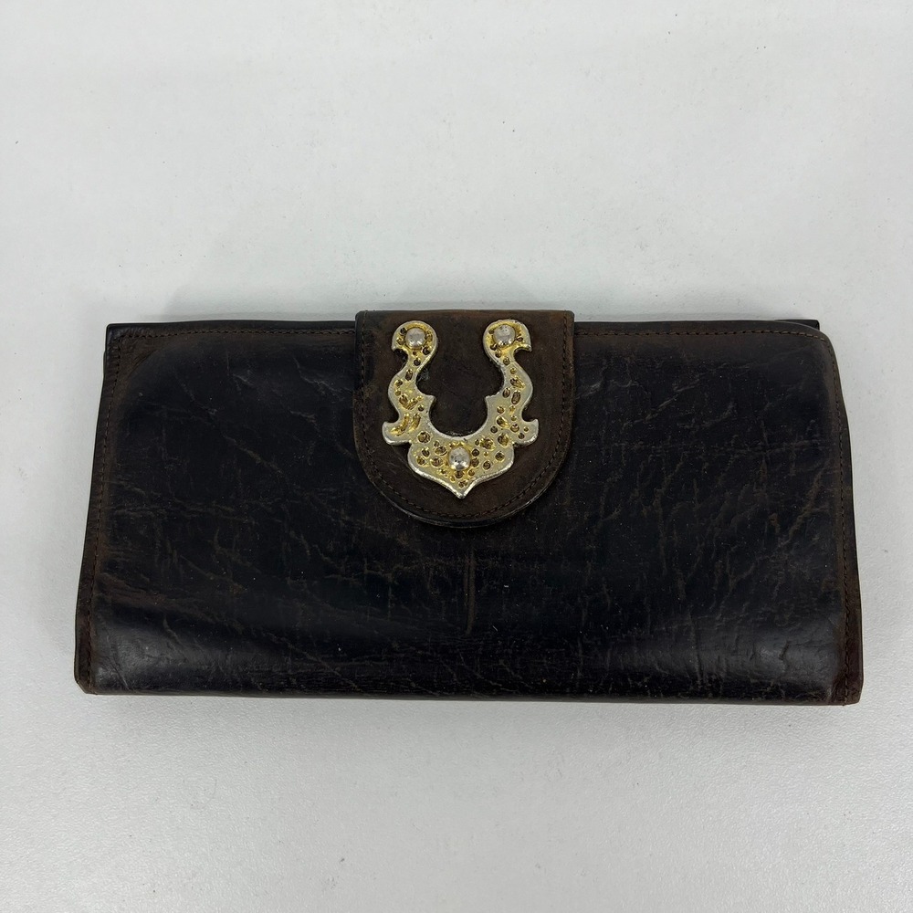 Rolfs Vintage Calfskin Leather Wallet Dark Brown Ornate Metal Clasp Kiss Lock